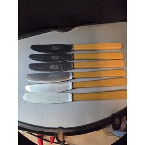 Vtg Hiram Wild Sheffield Steak Knives  6 pcd Stainless Steel Tan Handles England